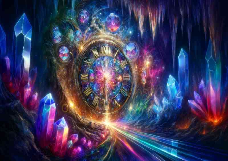 Enchanted timepiece embedded in a crystal cave | Di-Bond