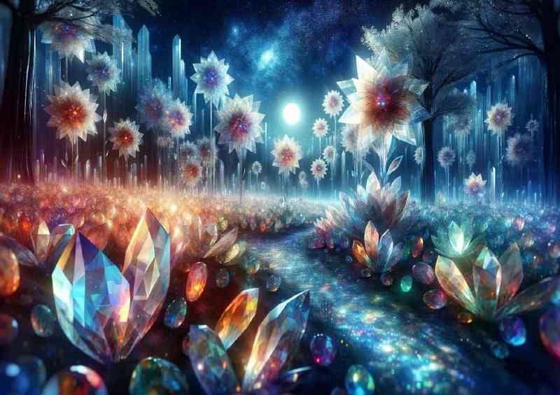 Mystical garden where crystal flowers bloom under a starlit sky | Canvas