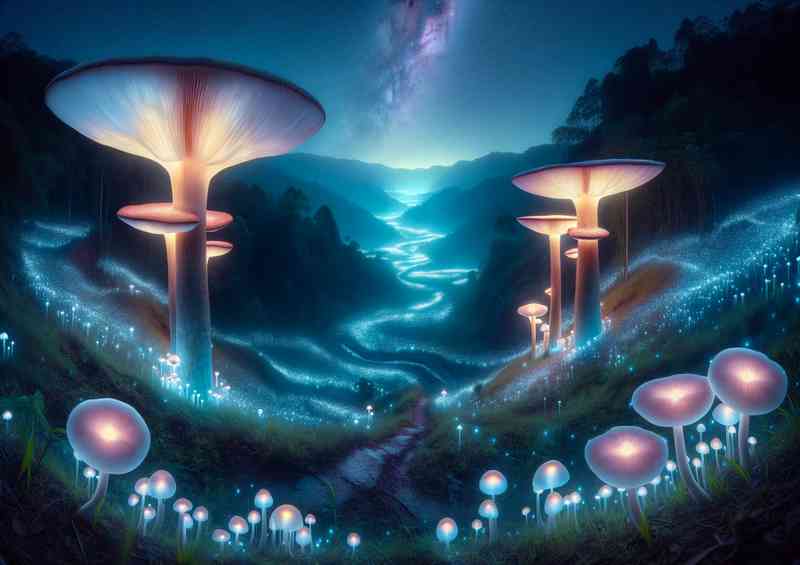 Mystical valley at night illuminated by giant | Poster