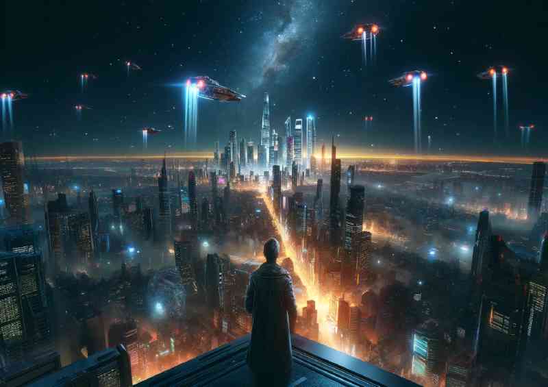 Rooftop encounter overlooking a sprawling city at night | Canvas