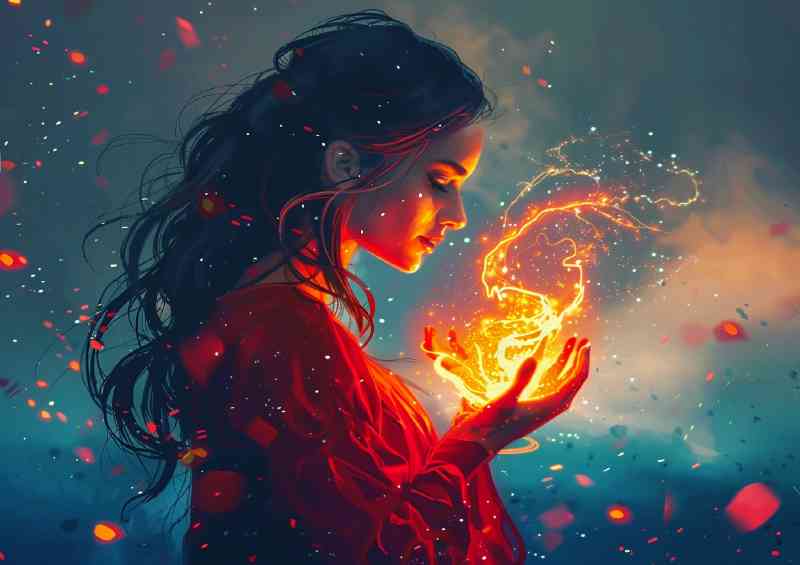 The Woman in red holds fire glowing in her hands | Metal Poster