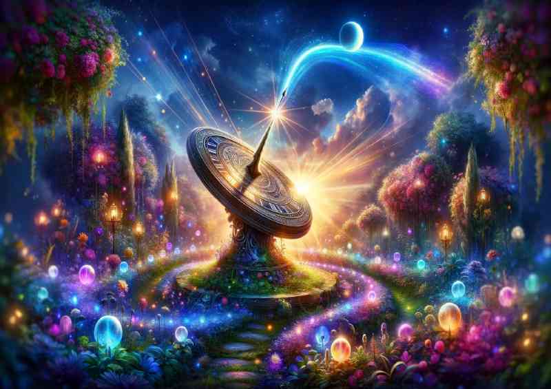 Timeless Sundial set in a luminous fairy garden | Metal Poster