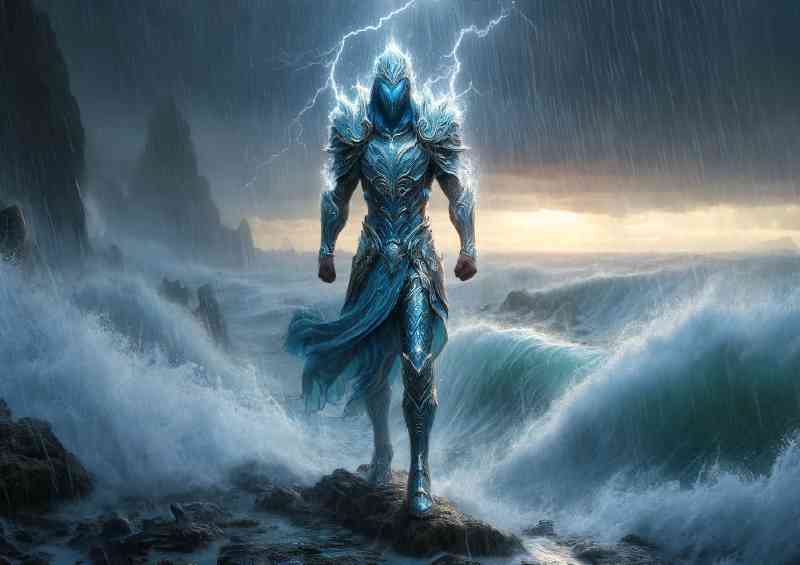 Warrior clad in water themed armor, standing amidst a torrential rainstorm | Poster