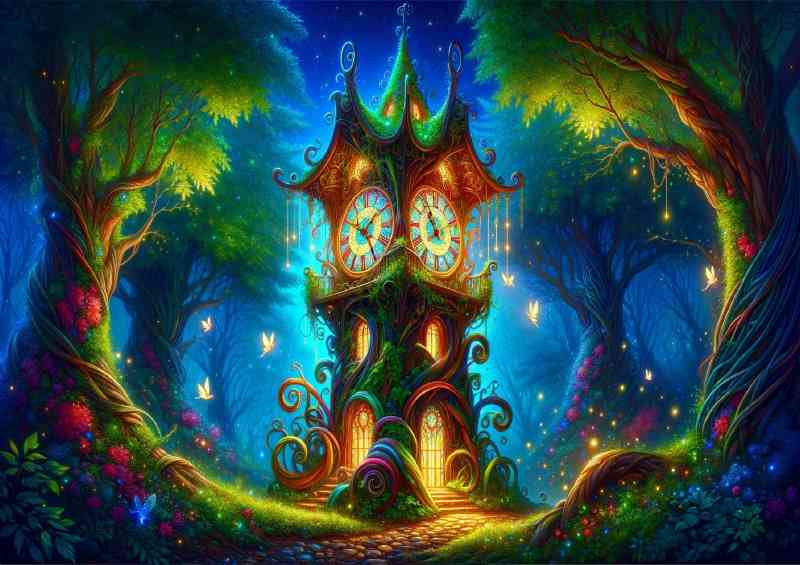 Whimsical clock tower its structure crafted from twisted vines and glowing leaves | Metal Poster