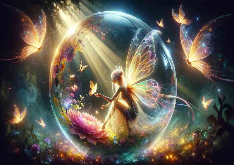 Fairy in a luminous crystal sphere interacting with glowing butterflies | Canvas