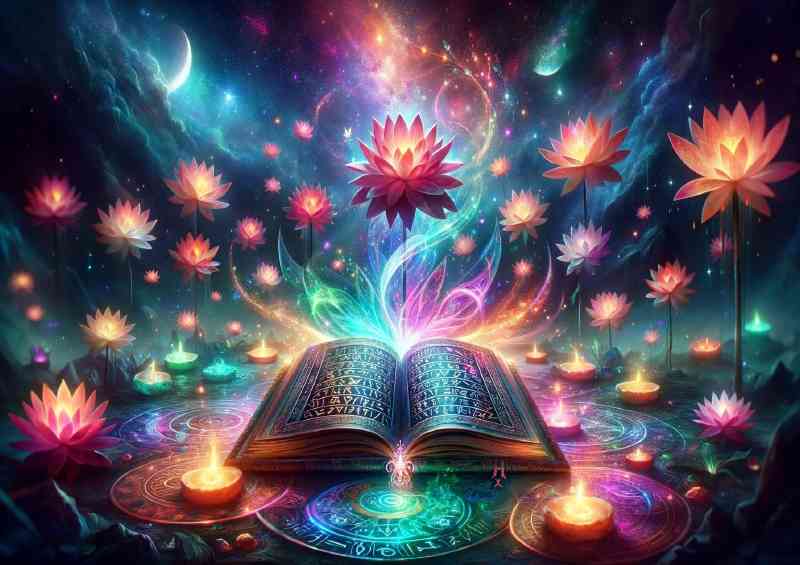Magical Grimoire open celestial altar glowing lotus flowers | Canvas