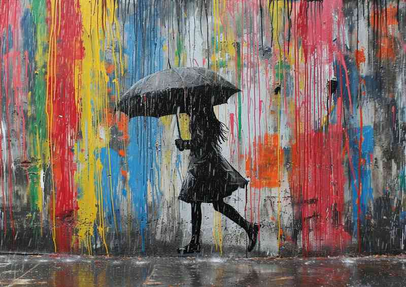 Banksy style girl with umberella in the coloured rain | Canvas