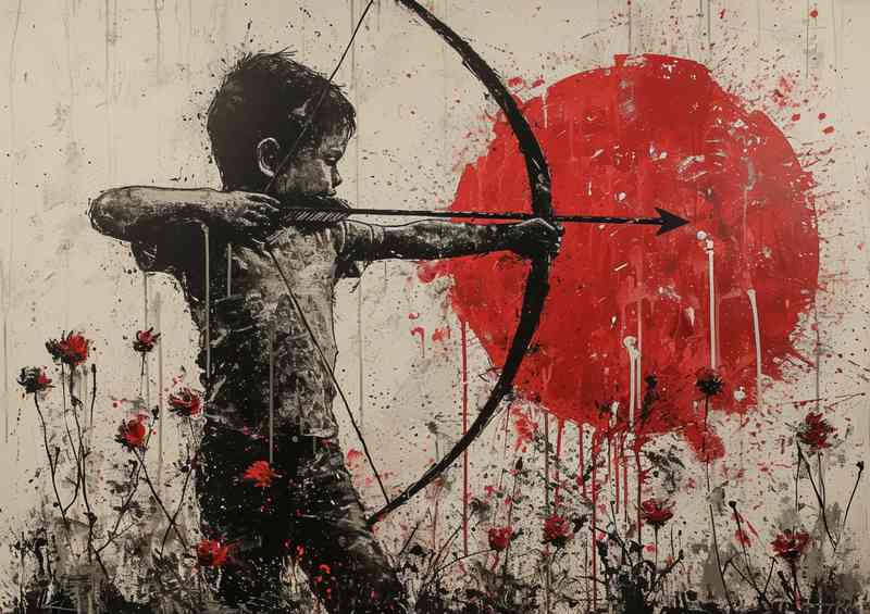 Boy with a bow artow in a flower field | Poster