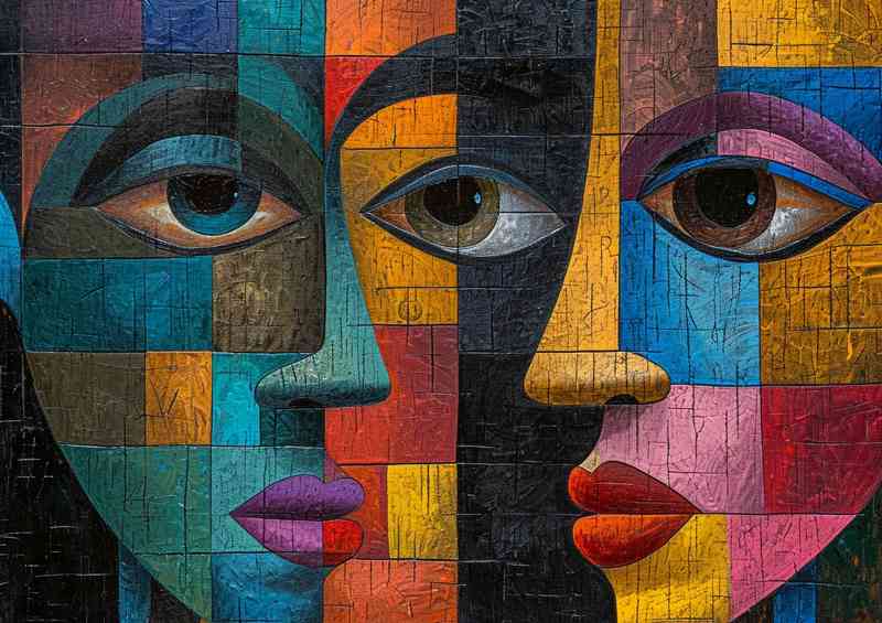 Cubist abstract faces in mixed colour | Di-Bond