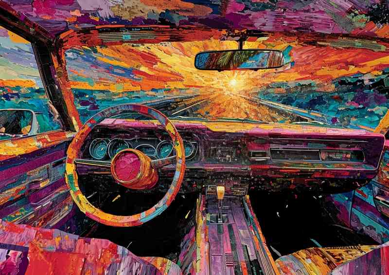 Driving sunset with splatter art | Metal Poster