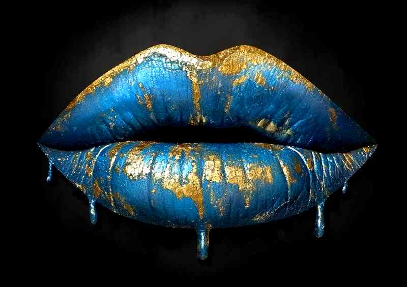 Gold and blue drip lips bling in the style of surreal | Di-Bond