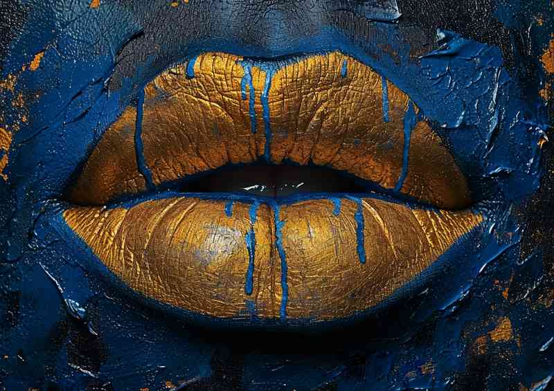 Golden dipped lips on a dark blue background | Canvas