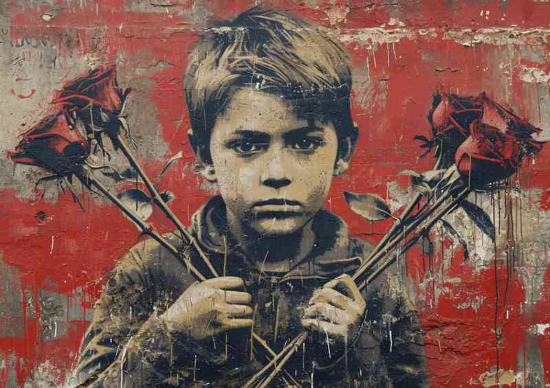 Graffiti the little boy and the rose flowers | Poster