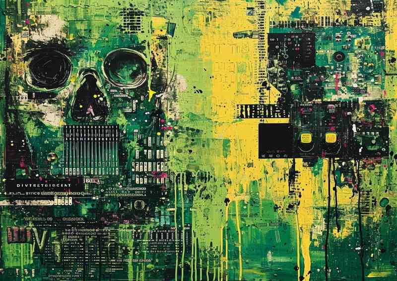 Green objects around a field mixed style of art | Poster