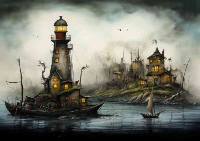 Houses on a island with a lighthouse and boats | Metal Poster
