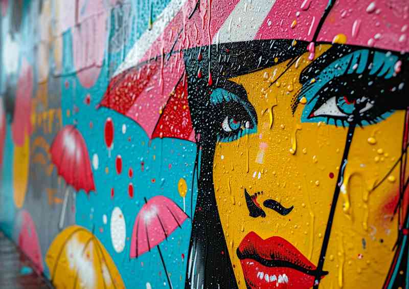 Lady in the rain with umberellas street art | Poster