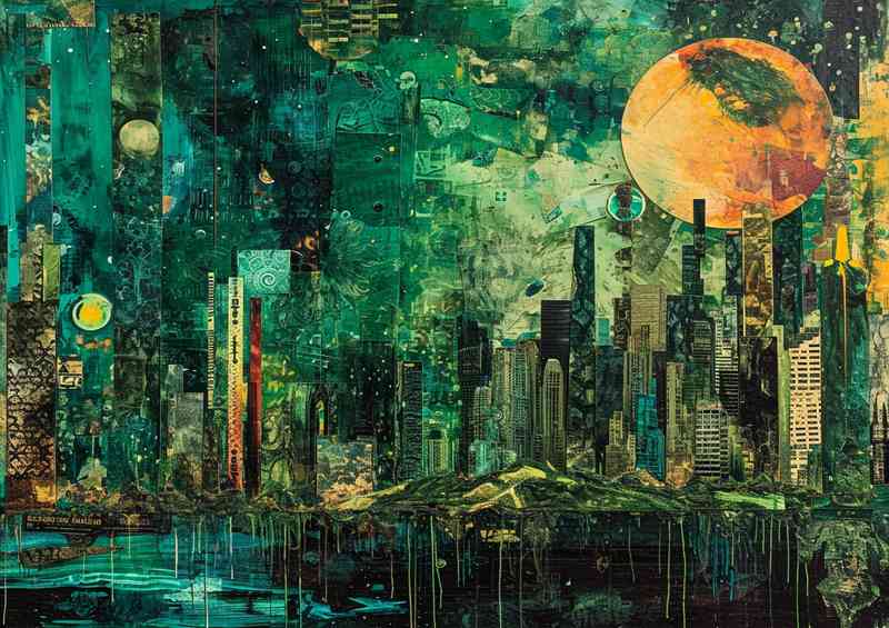 Landscape in green painted town | Metal Poster