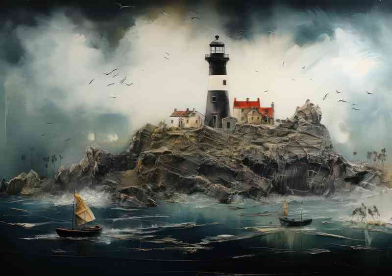 Lighthouse on a island with boats | Poster