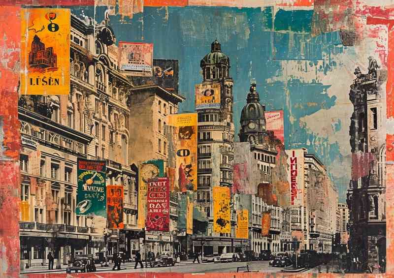 Old painting that shows several buildings with abstract | Metal Poster