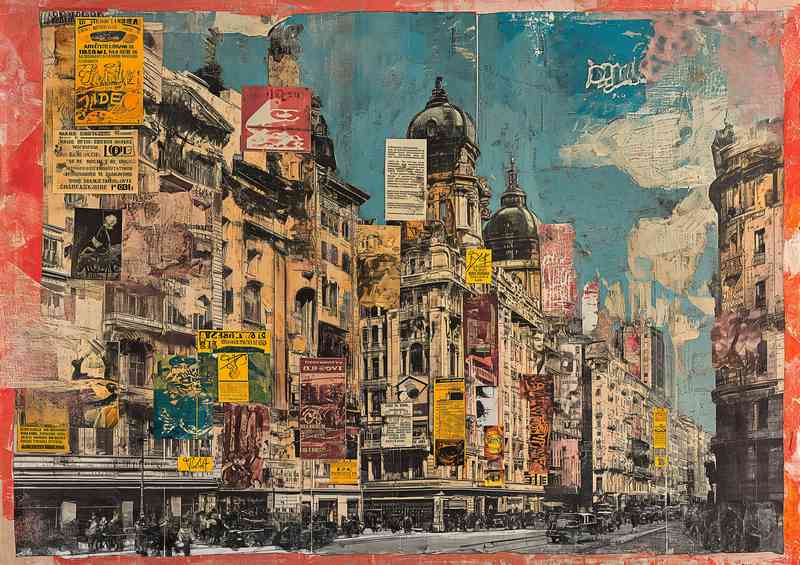 Old painting that shows several buildings with newspapers | Canvas