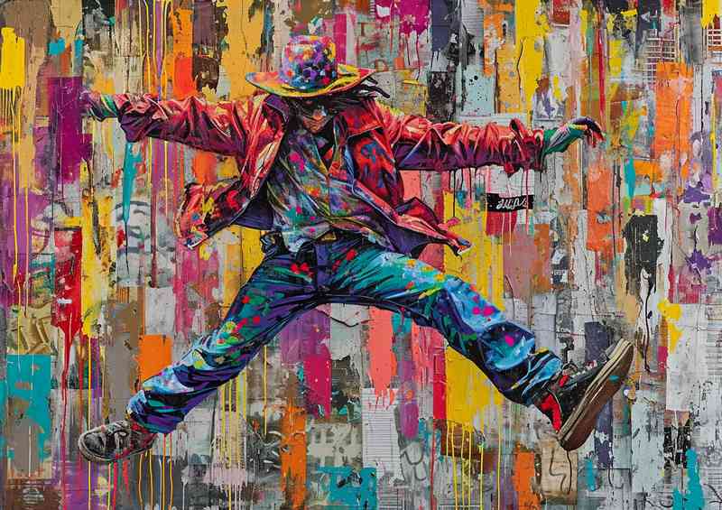 Painted man jumping with a street art wall | Di-Bond