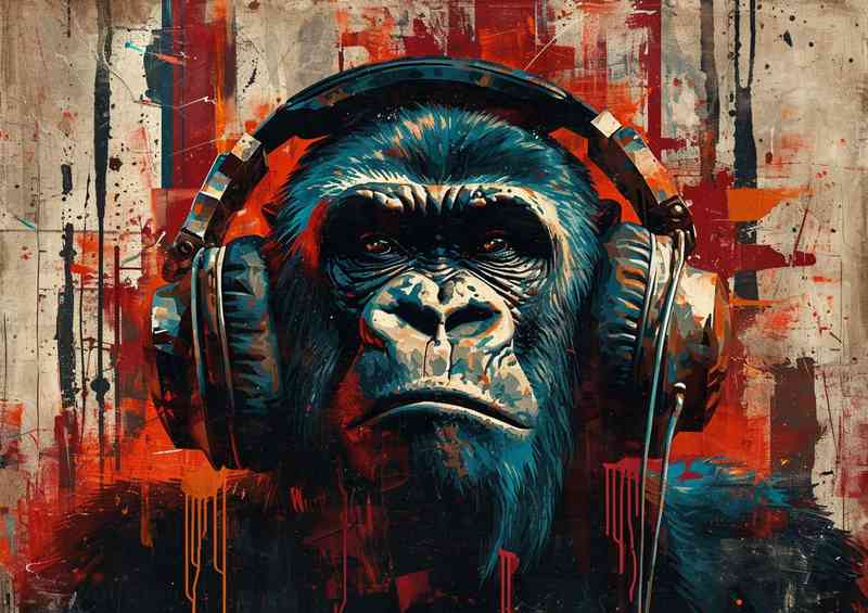 Painting of a gorilla headphones with red splashed art | Di-Bond
