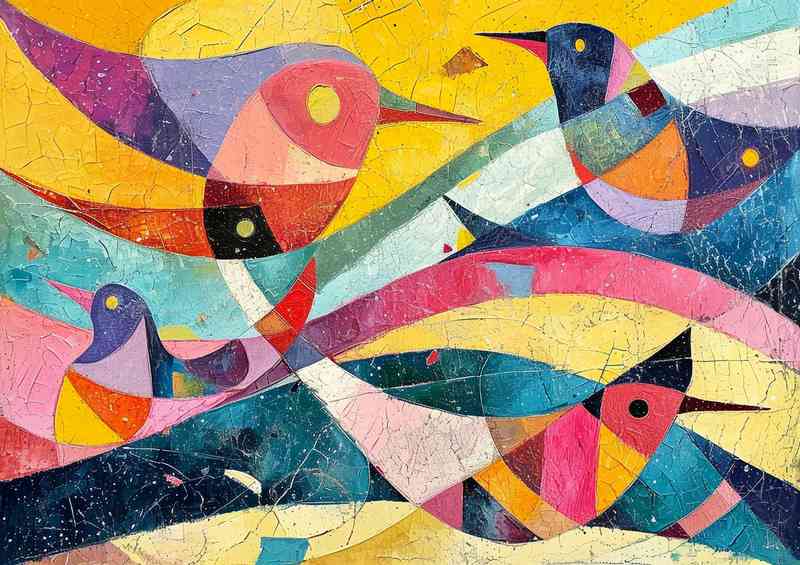 Painting of an abstract with colorful birds | Poster