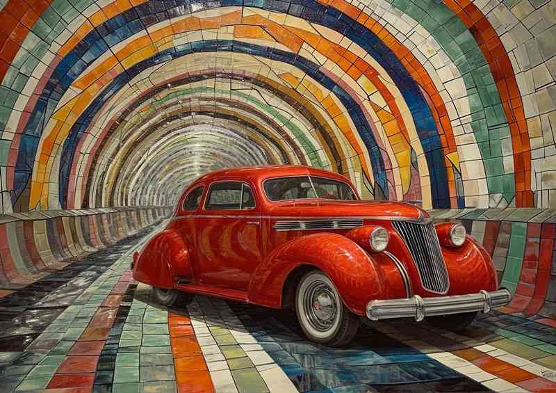 Red car in a tunnel with a colourful mosaic | Poster