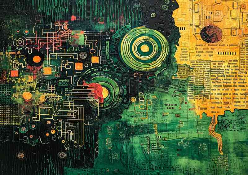 Some green objects around a field mixed with words | Metal Poster