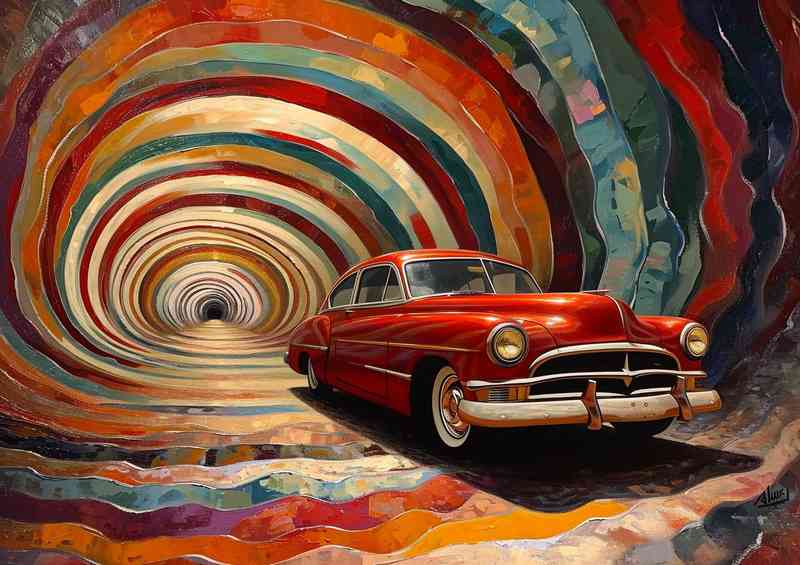 The red car leaving the colourful tunnel | Poster
