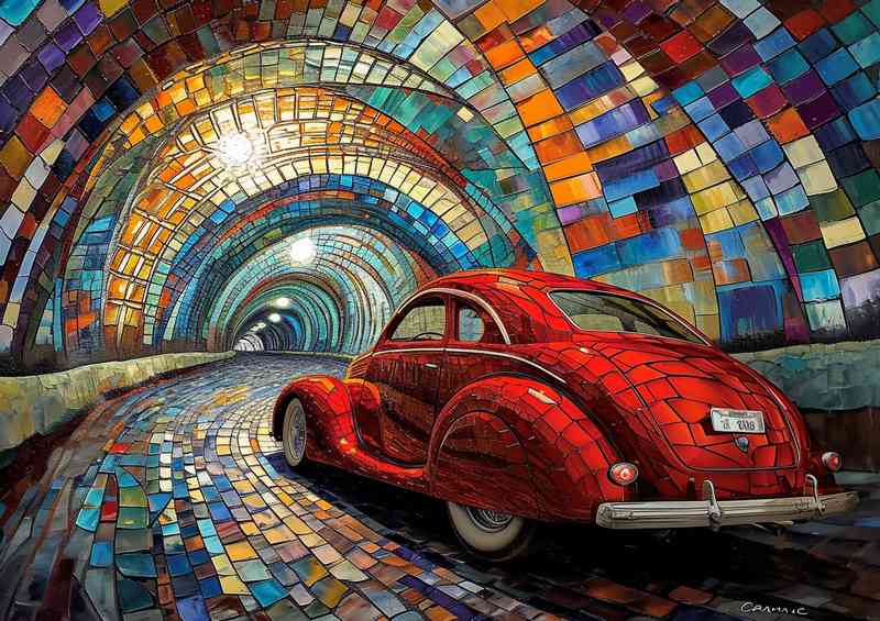 The red sleek car in a mozaic tunnel | Poster