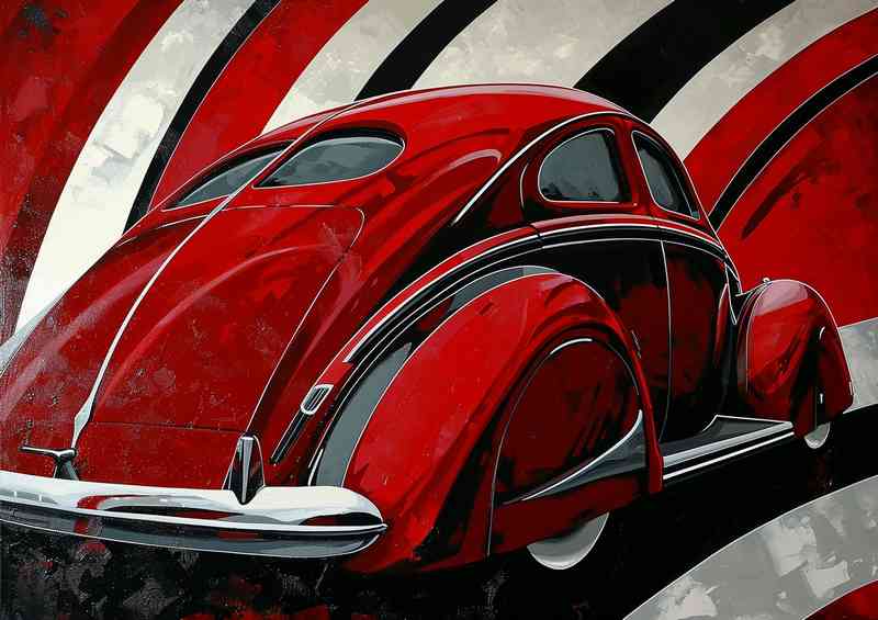 The sleek red car with black and white stripes | Poster