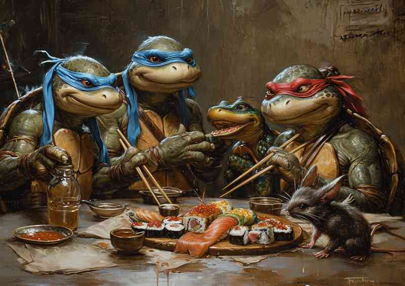 Turtles having sushi at the table | Poster