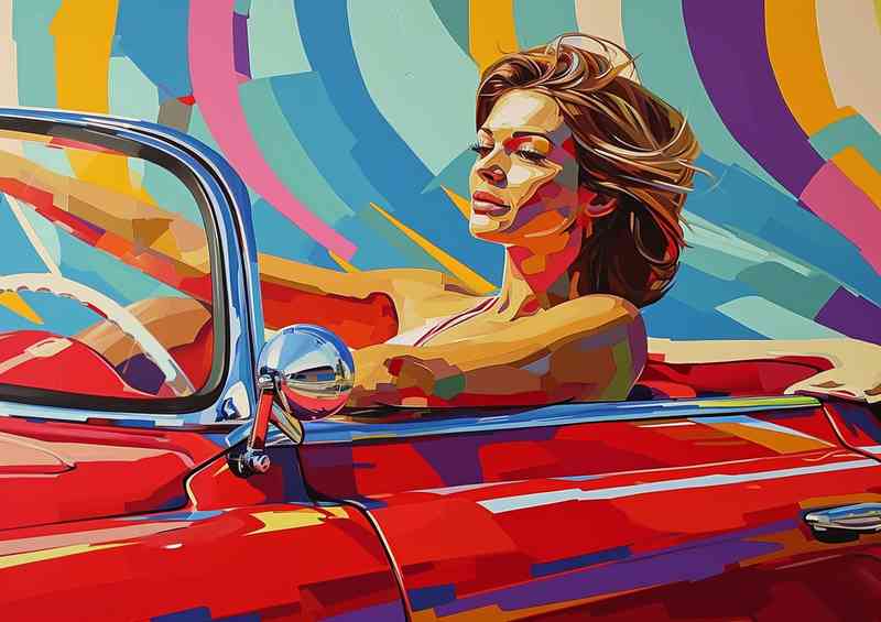 Woman sitting in a red car pop art | Metal Poster
