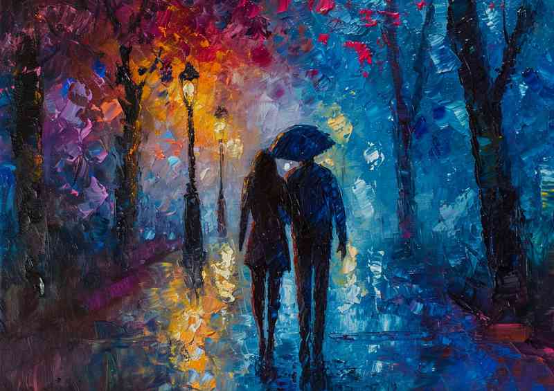 Young couple walking in the rain at night | Canvas