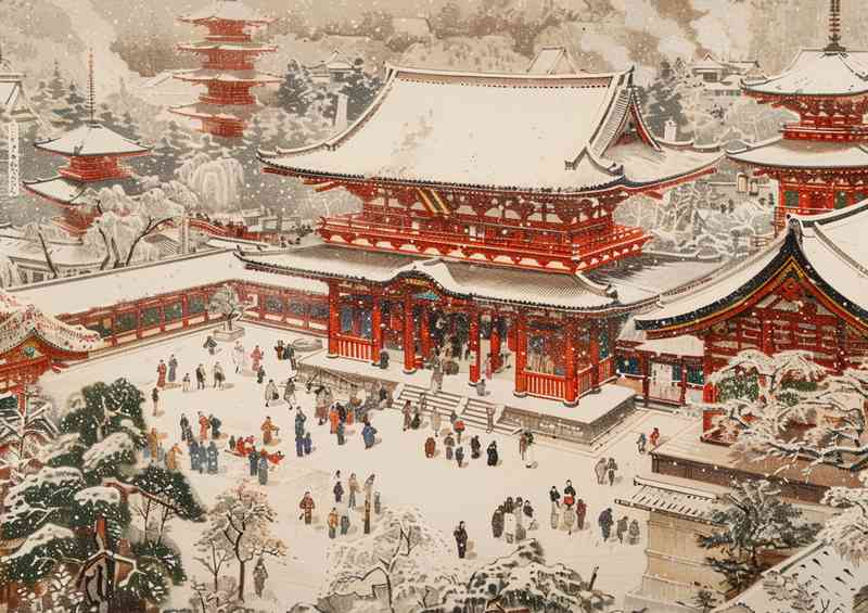 A scene of snow covered Japanese temples | Canvas