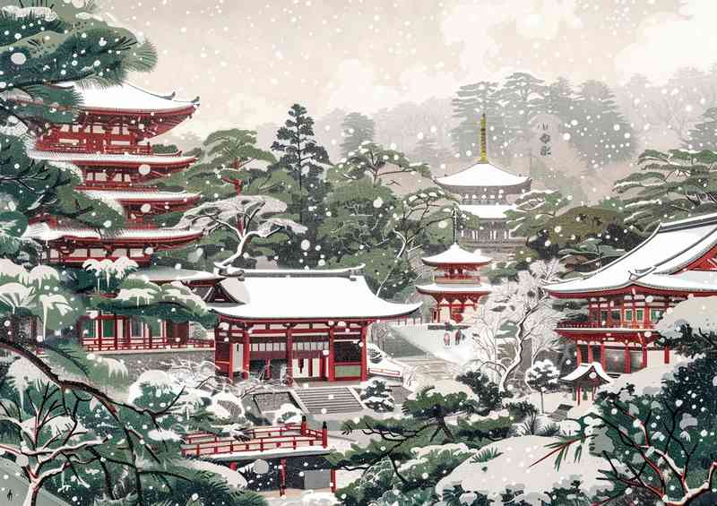 Japanese woodblock style snow temples | Poster