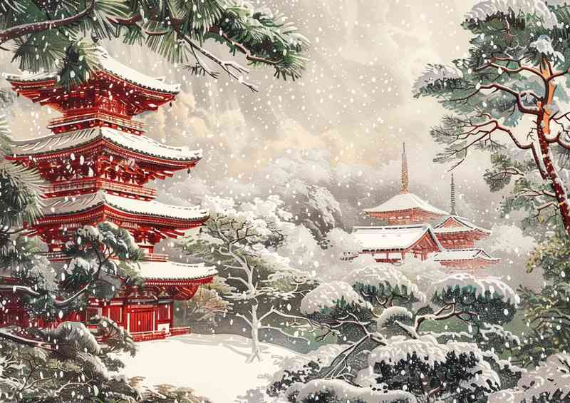 Snow falling on japanese temples | Poster
