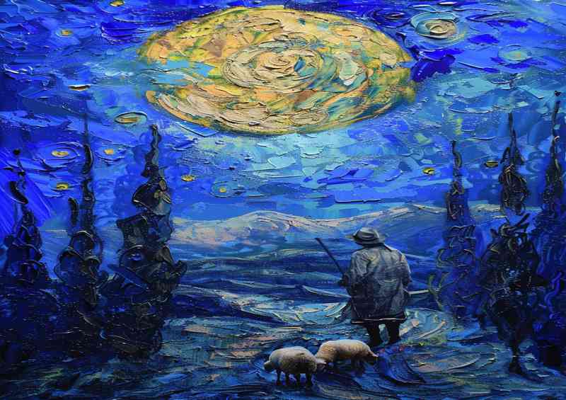 A man hurding his sheep under the moon | Canvas