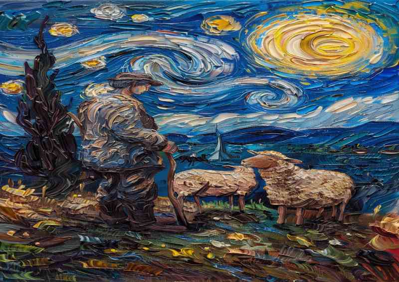 A man with his sheep at night | Canvas