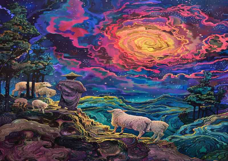 Enchanted man and his flock of sheep | Poster