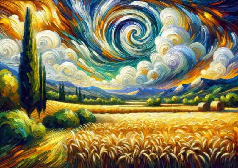 Landscape of a wheat field under a swirling sky | Metal Poster