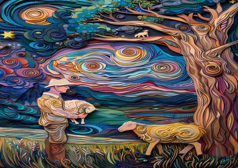 The man and his sheep starry night | Canvas
