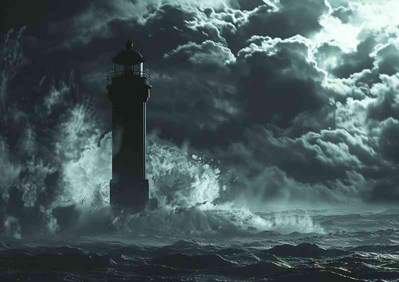 Lighthouse waves crashing againsed the rocks | Poster