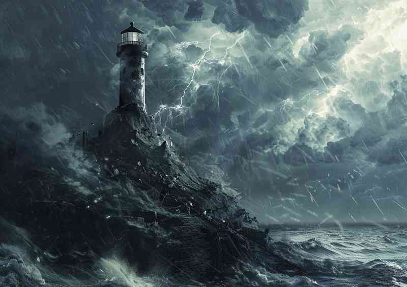 Stormy clouds Lightning and lighthouse on an island | Di-Bond