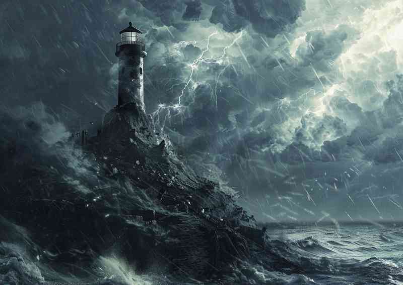 Stormy clouds Lightning and lighthouse on an island | Poster
