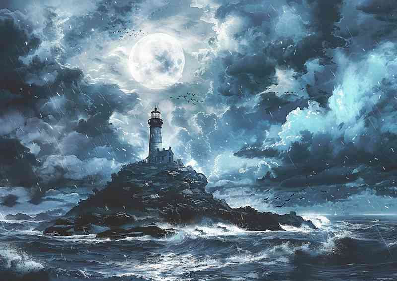 Stormy clouds with a lighthouse on an island | Metal Poster