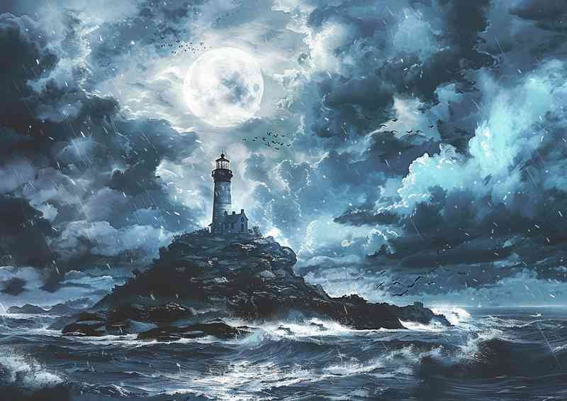 Stormy clouds with a lighthouse on an island | Poster