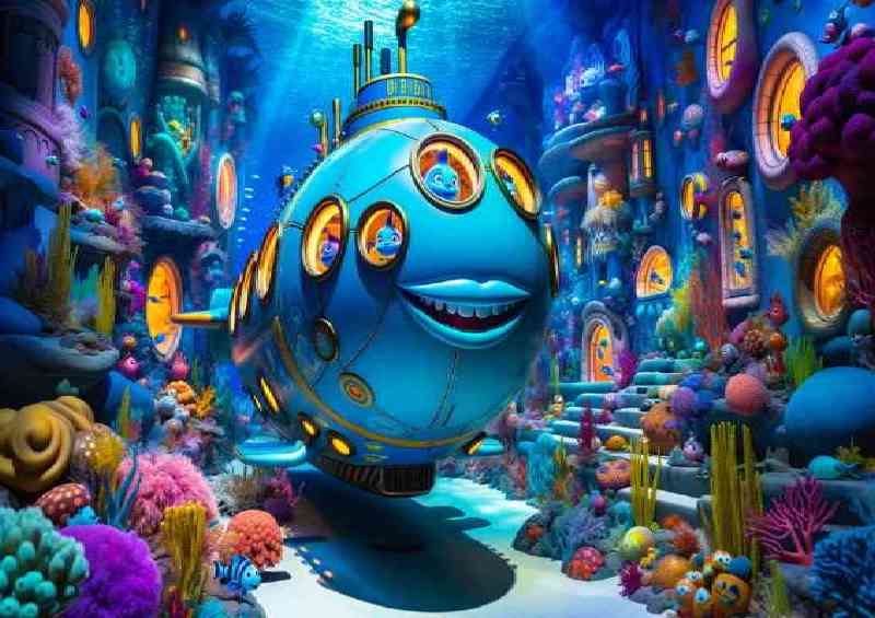 Submarine bright blue with a cheeky smile | Metal Poster