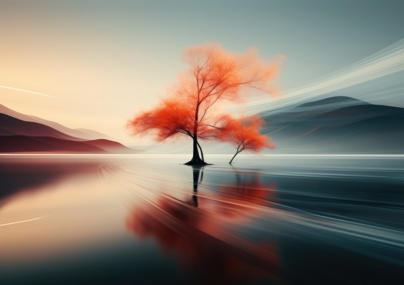 Tree lonely in orange on the sea | Metal Poster